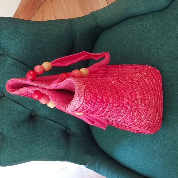 Madison 88 Pink Woven Straw Tote Bag Wood Beaded Fabric Handles Beach Sz.Medium - Picture 3 of 8